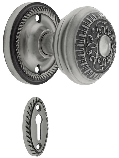Rope Rosette Mortise Lock Set With Egg And Dart Door Knobs in Antique Pewter finish.